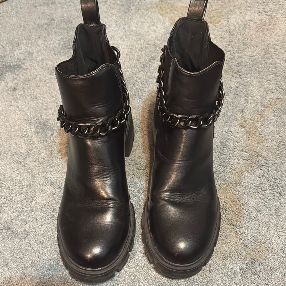 Black Leather Ankle Boots with Chain Detail